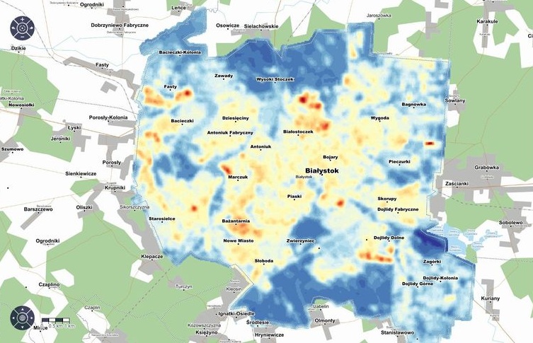mapa przedstawiająca zróżnicowanie temperatur w poszczególnych częściach miasta, mapa wskazuje miejskie wyspy ciepła