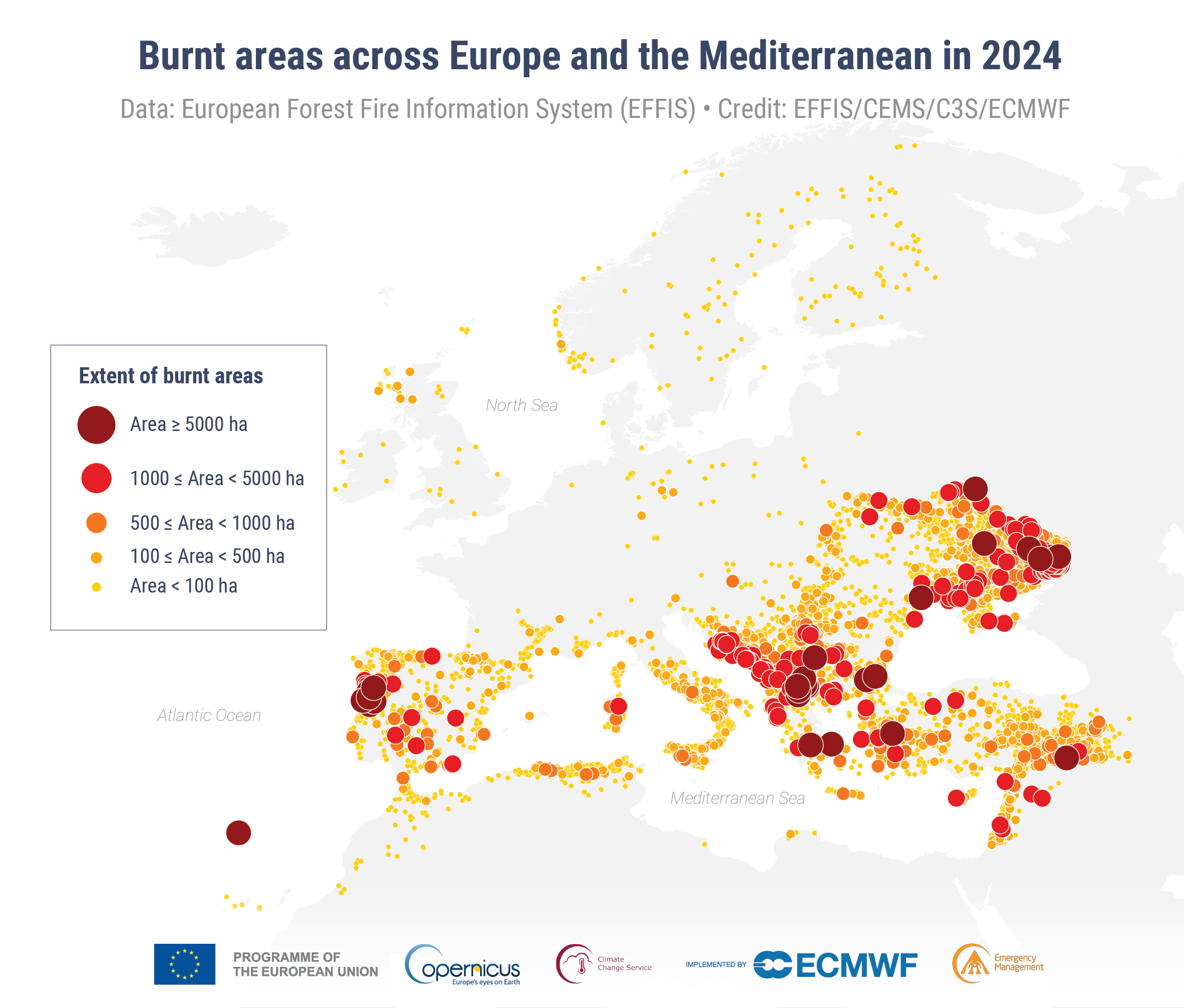 Występowanie i zasięg obszarów spalonych w Europie i regionie Morza Śródziemnego w 2024 r. Dane: Europejski System Informacji o Pożarach Lasów (EFFIS). Źródło: EFFIS/CEMS/C3S/ECMWF