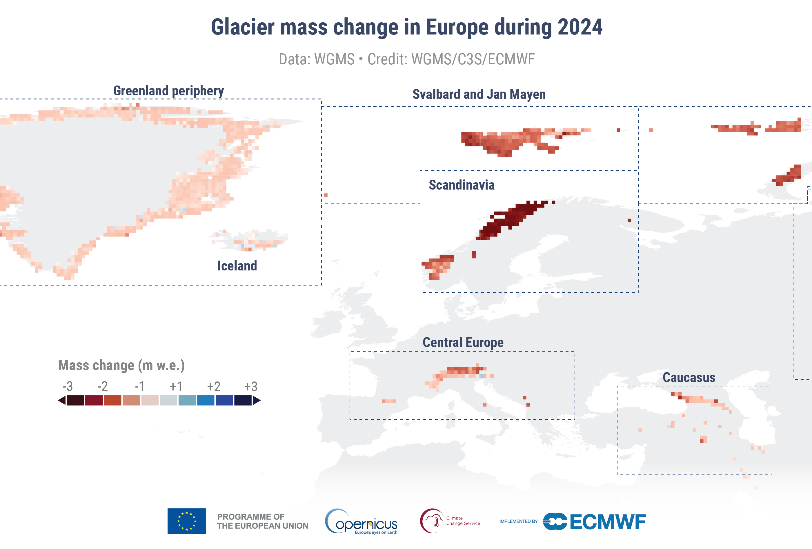 Zmiana masy lodowców w Europie w roku hydrologicznym od 1 października 2023 r. do 30 września 2024 r., pokazująca dodatnie salda (przyrost lodu) (niebieski) i ujemne salda (utrata lodu) (czerwony)