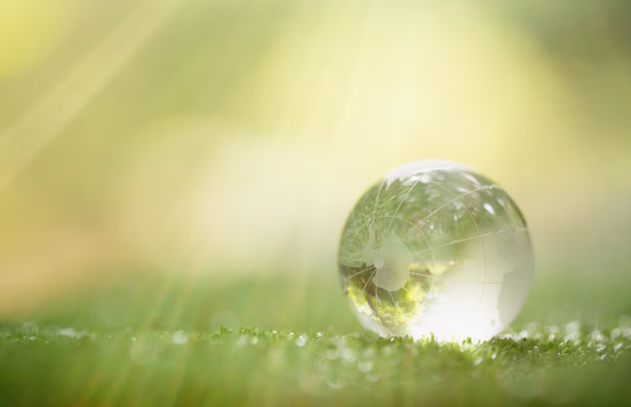 Szklana kula, z wygrawerowanymi kształtami kontynetów, leżąca na zielonej trawie z kroplami rosy, na tle miękko rozmytego, zielono-żółtego światła